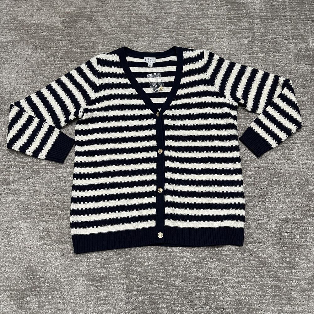 Joan Rivers Cardigan Sweater Womens Large Blue Striped Nautical Anchor Button